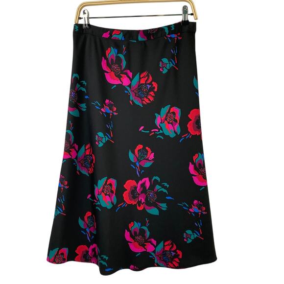 J. CREW Dark Floral Midi Skirt Women S‎ Black Raspberry Cottagecore Elastic Back - Picture 1 of 8